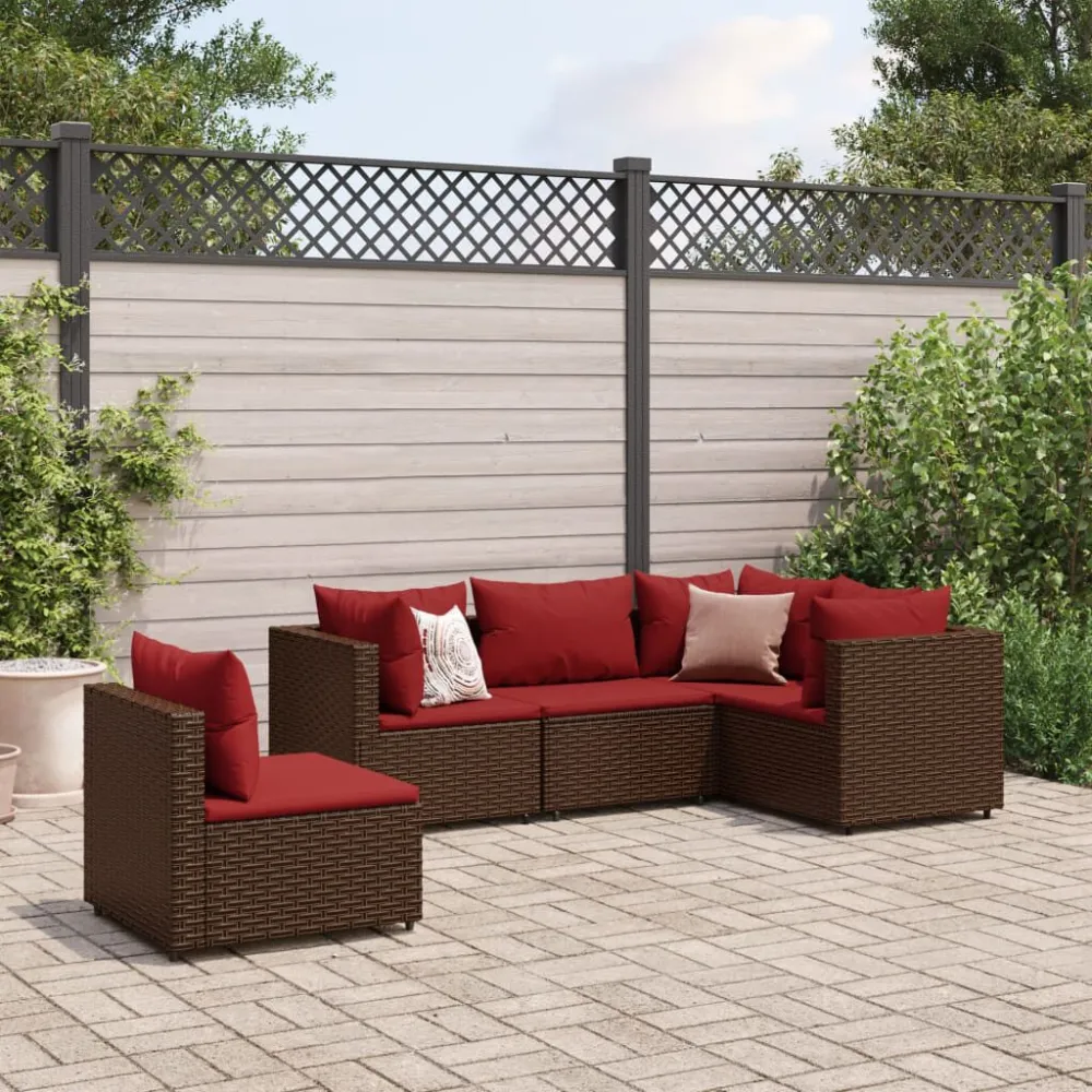 5 pcs conjunto lounge jardim com almofadões vime PE castanho com Apoio para Bebidas