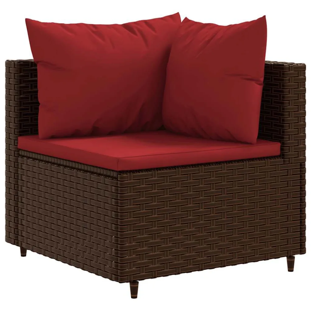 5 pcs conjunto lounge jardim com almofadões vime PE castanho com Apoio para Bebidas