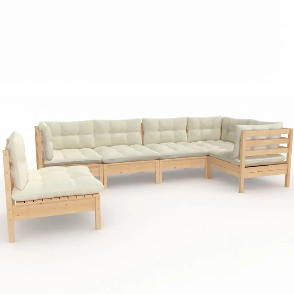 6 pcs conjunto lounge de jardim com almofadões cor creme pinho | Resistente à Chuva | Confortável