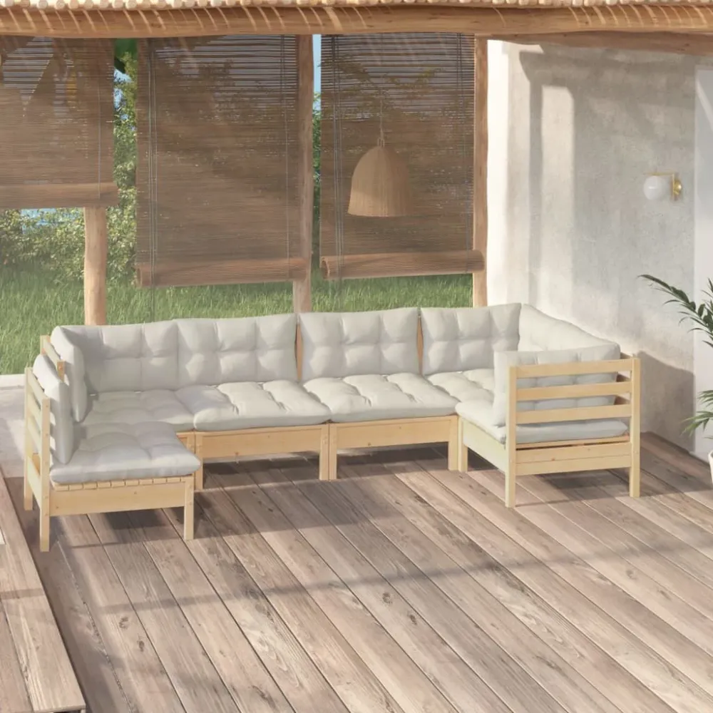 6 pcs conjunto lounge de jardim com almofadões cor creme pinho | Resistente à Chuva | Confortável