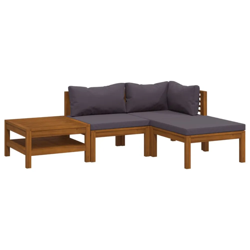 4 pcs conjunto lounge de jardim com almofadões acácia maciç em Tecido Sunbrella