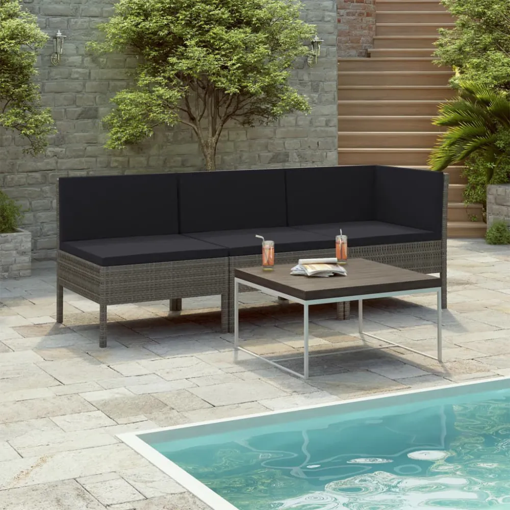 3 pcs conjunto lounge de jardim com almofadões vime PE cinzento | Resistente à Chuva | Confortável