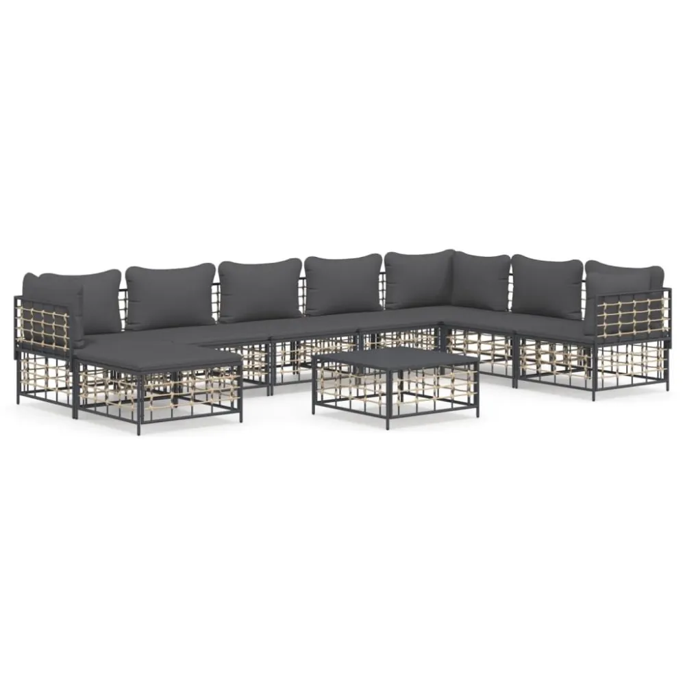 9 pcs conjunto lounge de jardim com almofadões vime PE antracite com Revestimento em Textilene