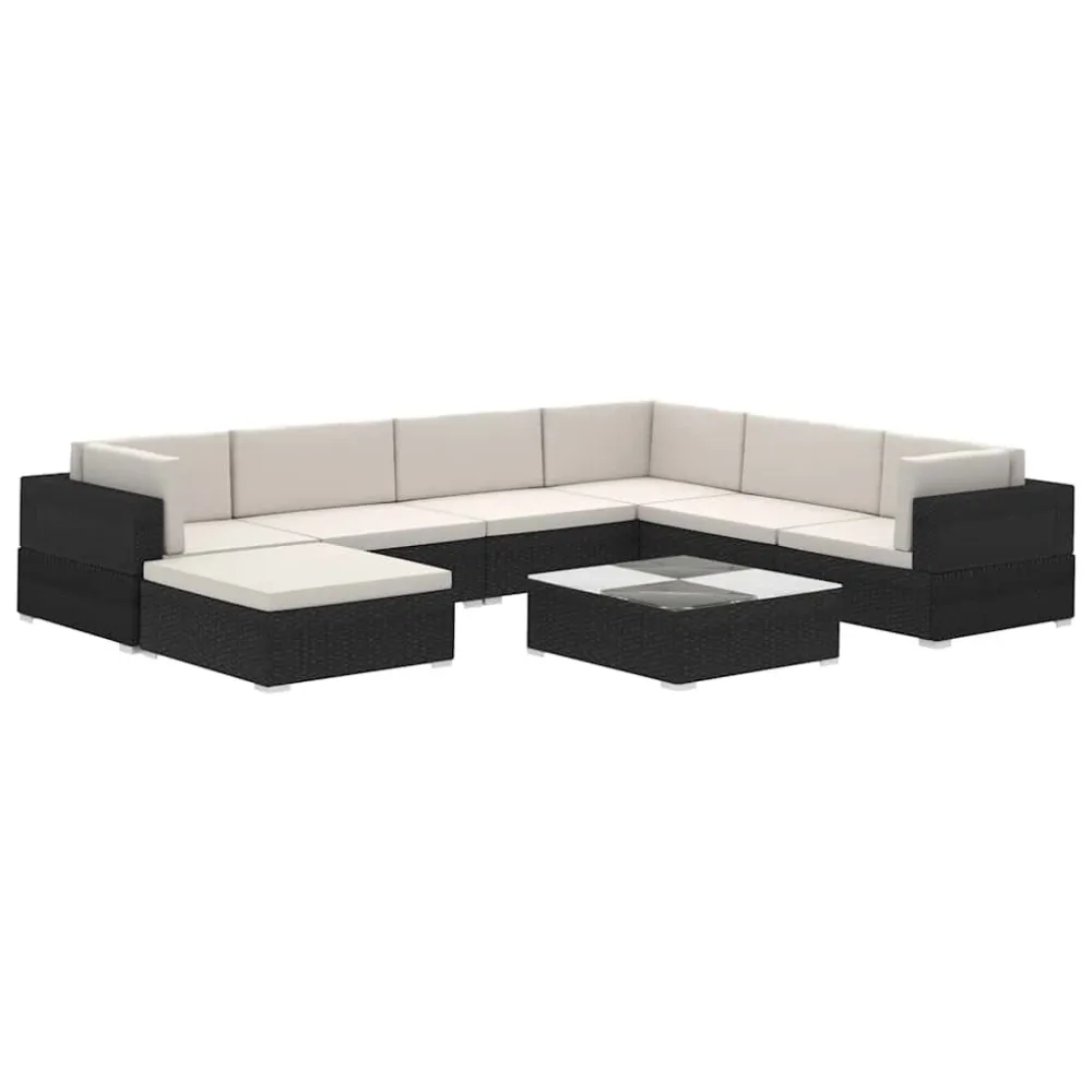 8 pcs conjunto lounge de jardim com almofadões vime PE preto em Tecido Sunbrella