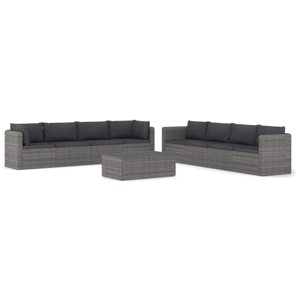 9 pcs conjunto lounge de jardim com almofadões vime PE cinzento | Resistente à Chuva | Confortável