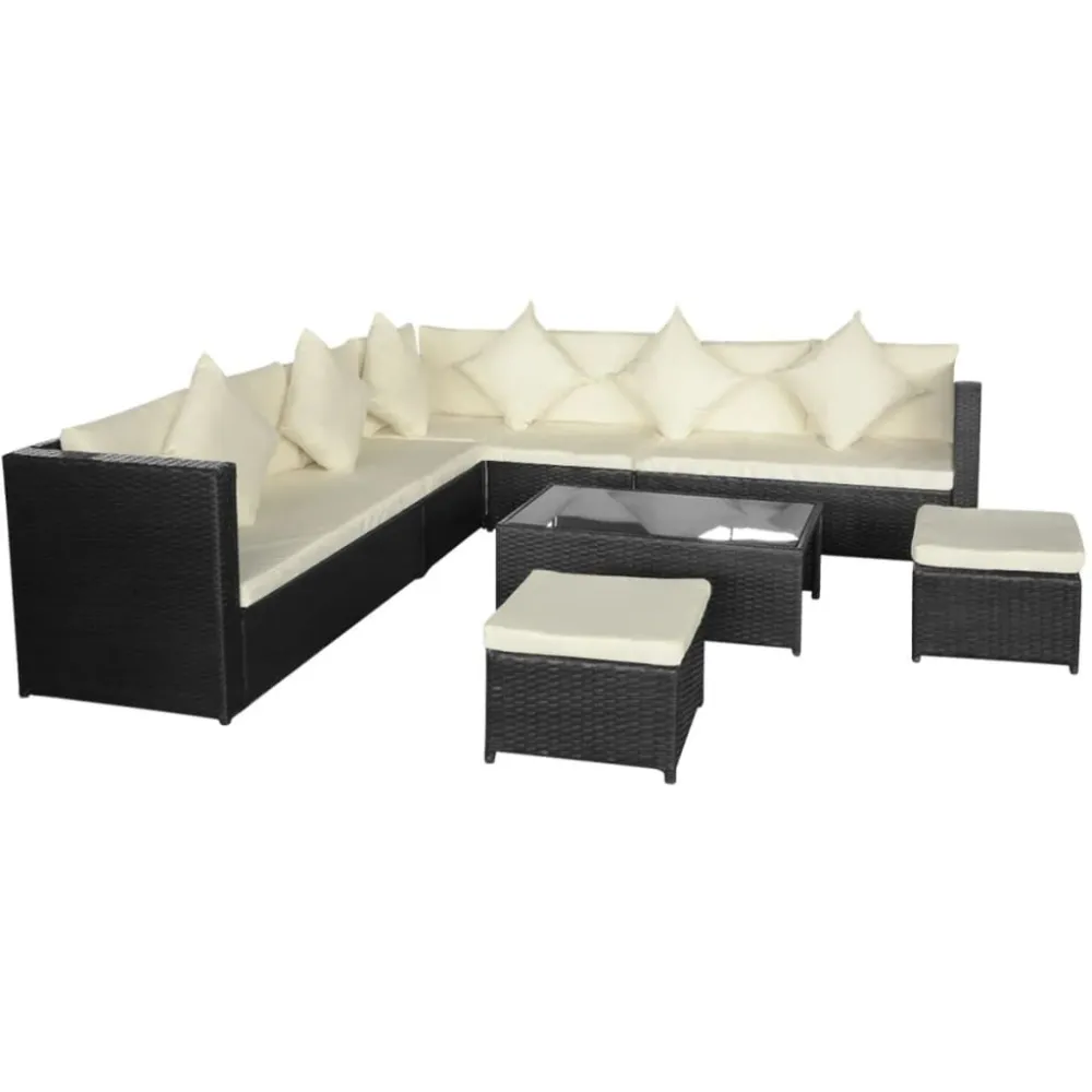 8 pcs conjunto lounge de jardim com almofadões vime PE preto | Resistente à Chuva | Confortável