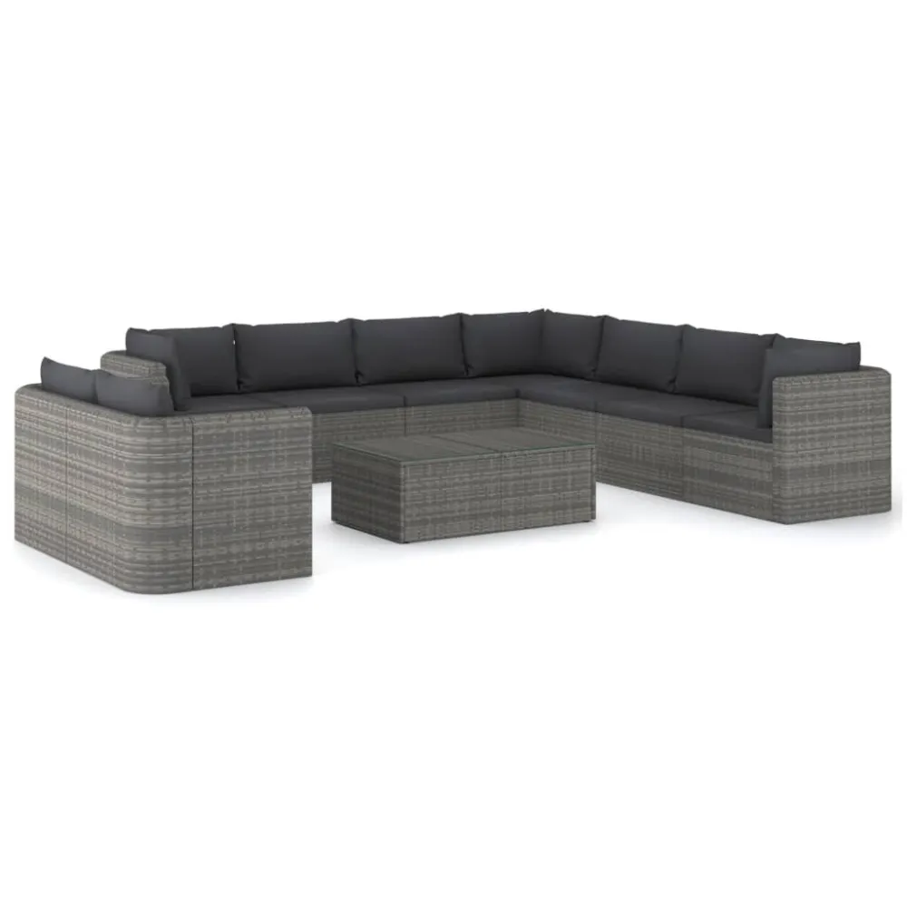 10 pcs conjunto lounge de jardim com almofadões vime PE cinzento em Ferro Forjado