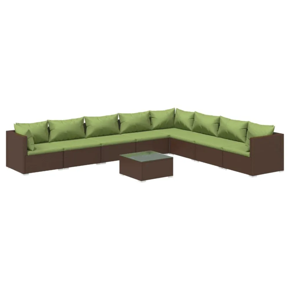 9 pcs conjunto lounge de jardim com almofadões vime PE castanho | Montagem Fácil e Rápida
