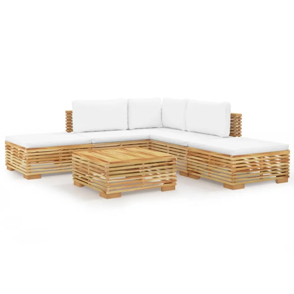 6 pcs conjunto lounge jardim com almofadões madeira teca maciç em Tecido Sunbrella