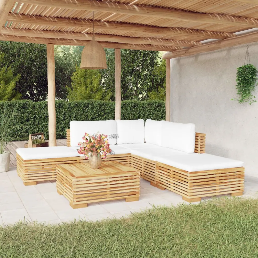 6 pcs conjunto lounge jardim com almofadões madeira teca maciç em Tecido Sunbrella