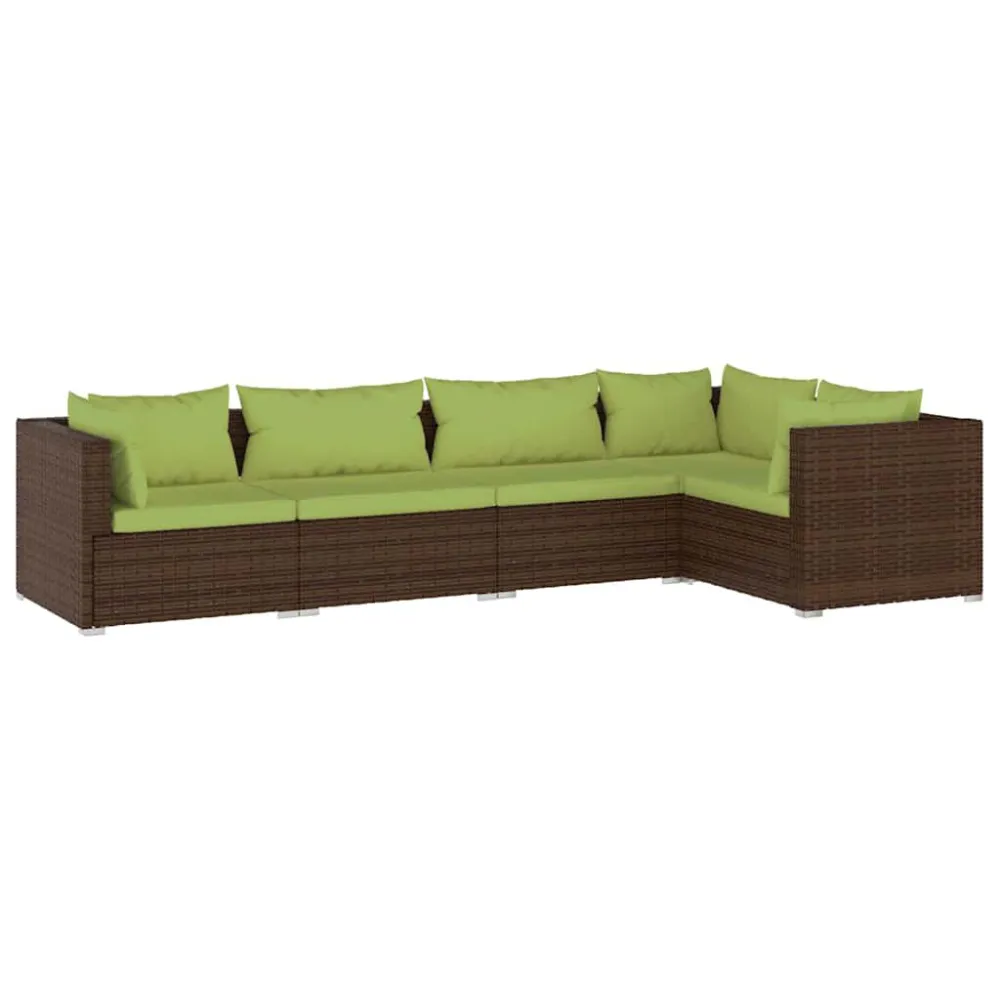 5 pcs conjunto lounge jardim com almofadões vime PE castanho com Tecido Impermeável UV