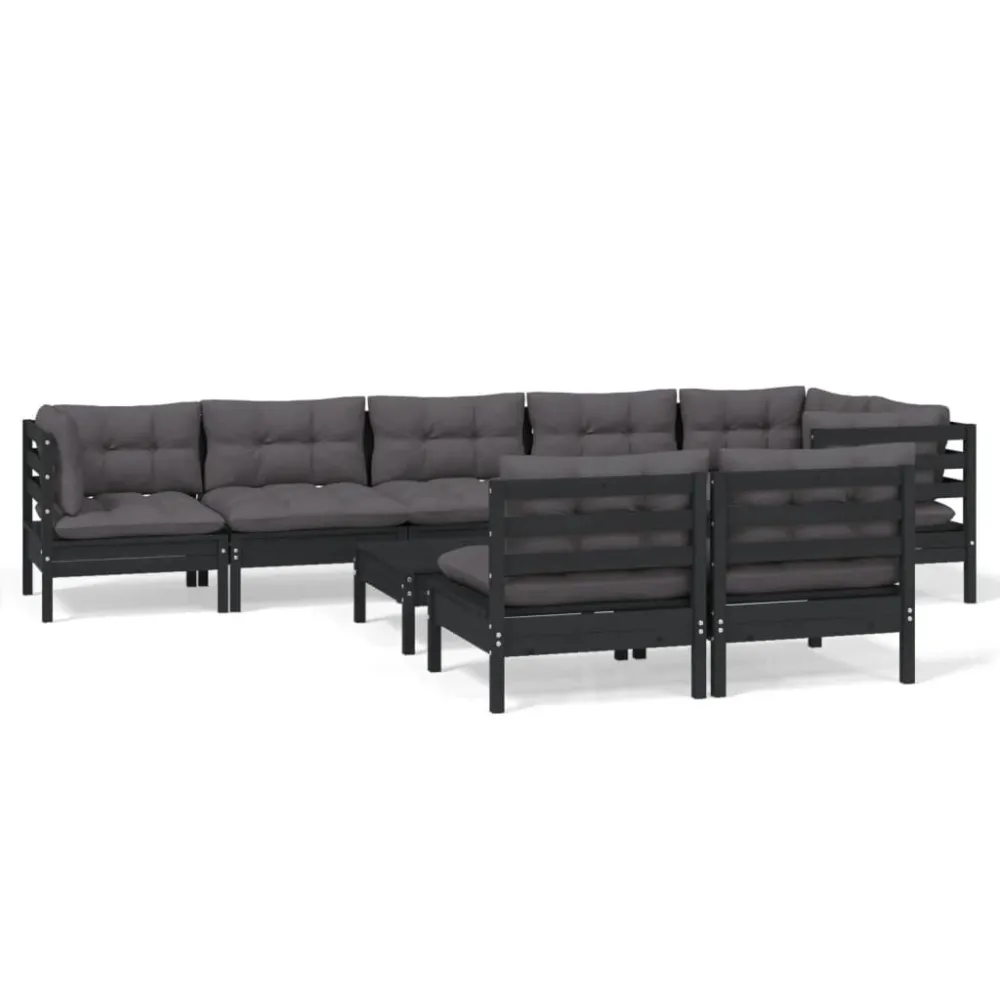 9 pcs conjunto lounge jardim com almofadões pinho maciço preto para Piscina e Jardim