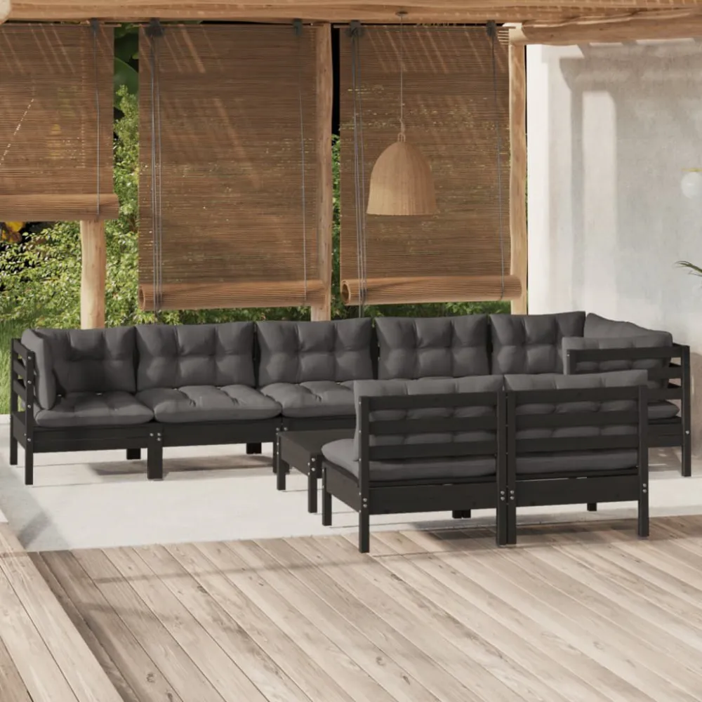 9 pcs conjunto lounge jardim com almofadões pinho maciço preto para Piscina e Jardim