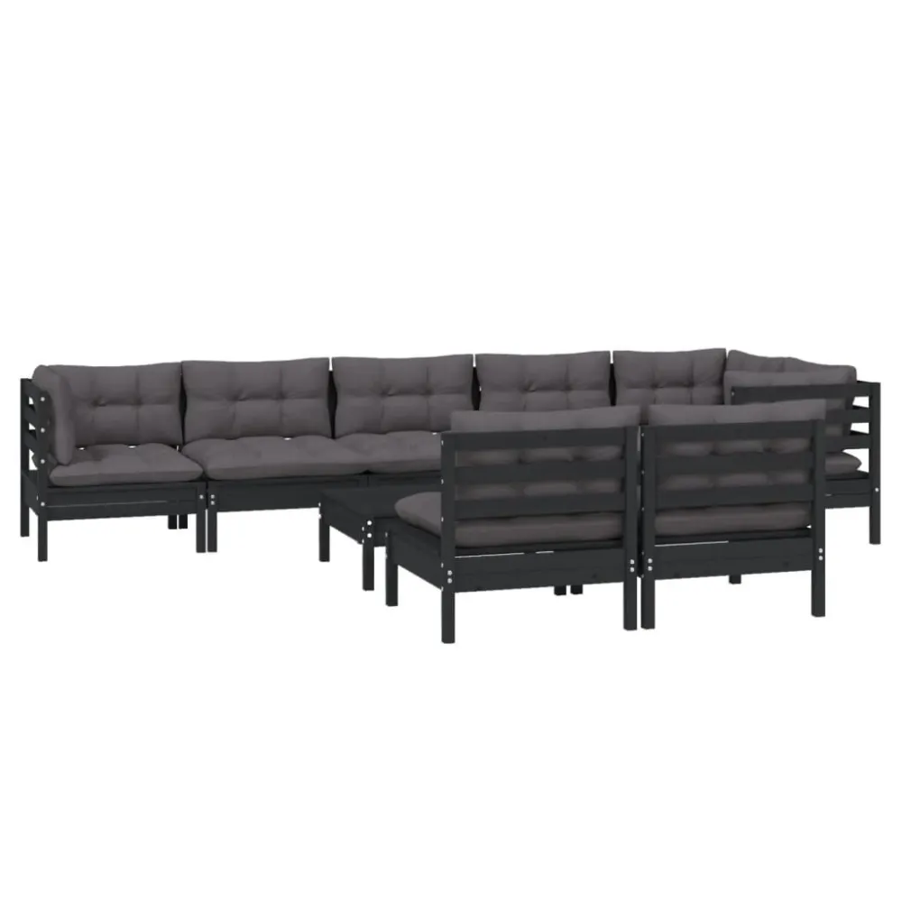 9 pcs conjunto lounge jardim com almofadões pinho maciço preto para Piscina e Jardim