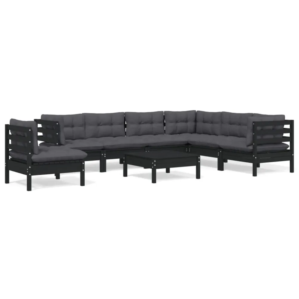 8 pcs conjunto lounge jardim com almofadões pinho maciço preto com Estrutura em Alumínio