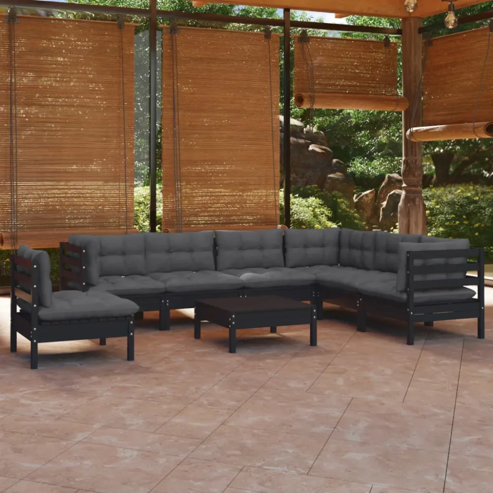 8 pcs conjunto lounge jardim com almofadões pinho maciço preto com Estrutura em Alumínio