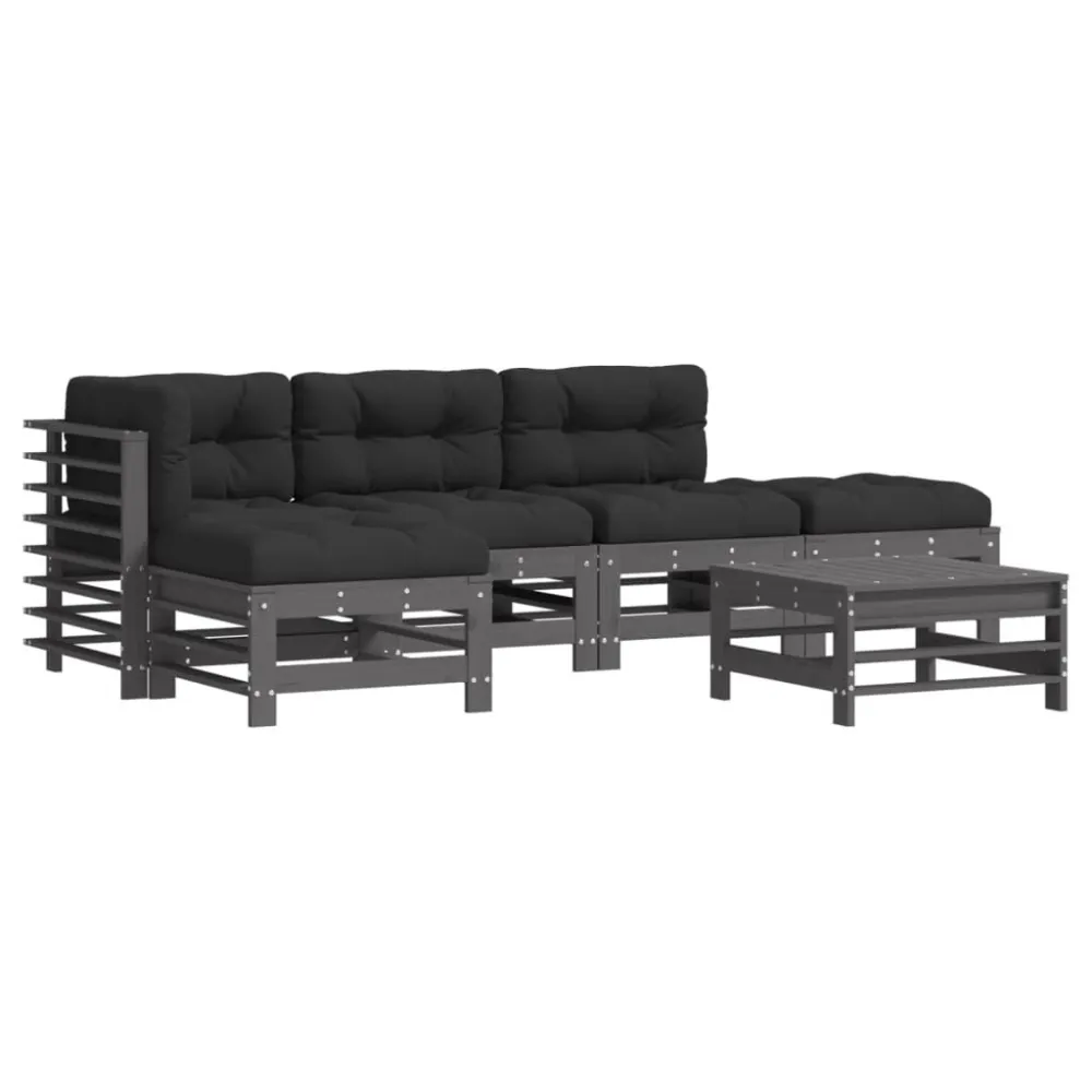 6 pcs conjunto lounge jardim com almofadões madeira maciç cinza para Relaxamento ao Ar Livre