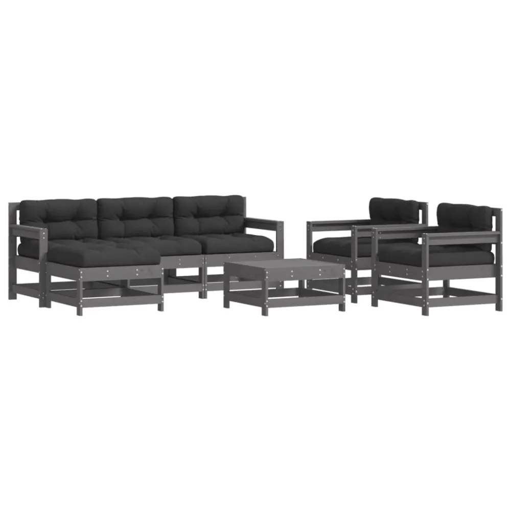 7 pcs conjunto lounge jardim com almofadões madeira maciç cinza com Encosto Ajustável
