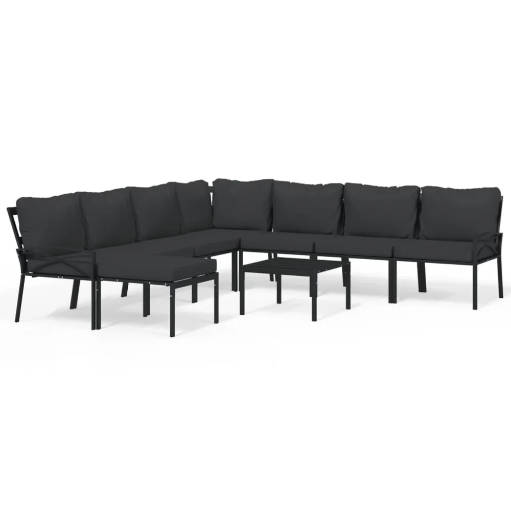 9 pcs conjunto lounge de jardim ço com almofadões cinzentos em Ferro Forjado
