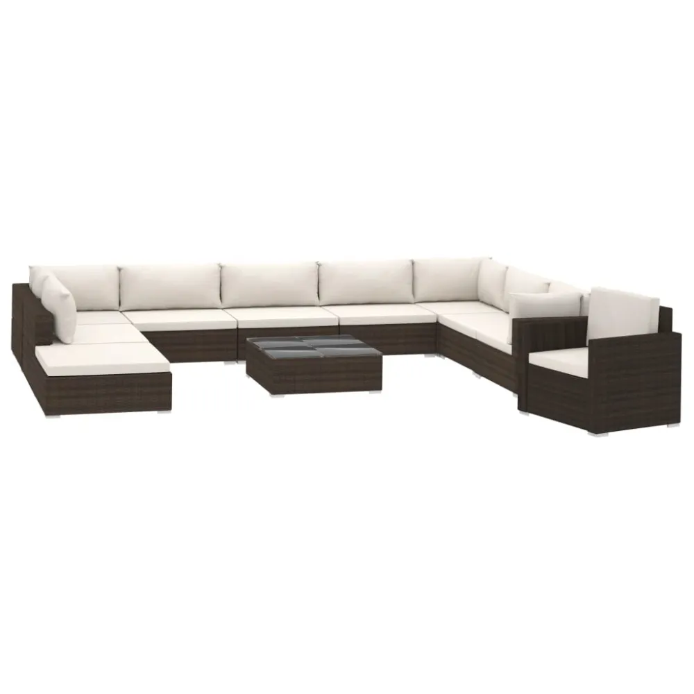 11 pcs conjunto lounge jardim com almofadões vime PE castanho com Estrutura em Alumínio