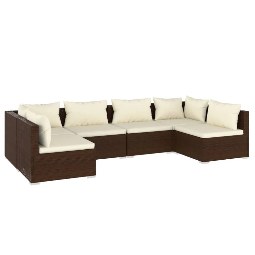 6 pcs conjunto lounge jardim com almofadões vime PE castanho com Almofada Inclusa