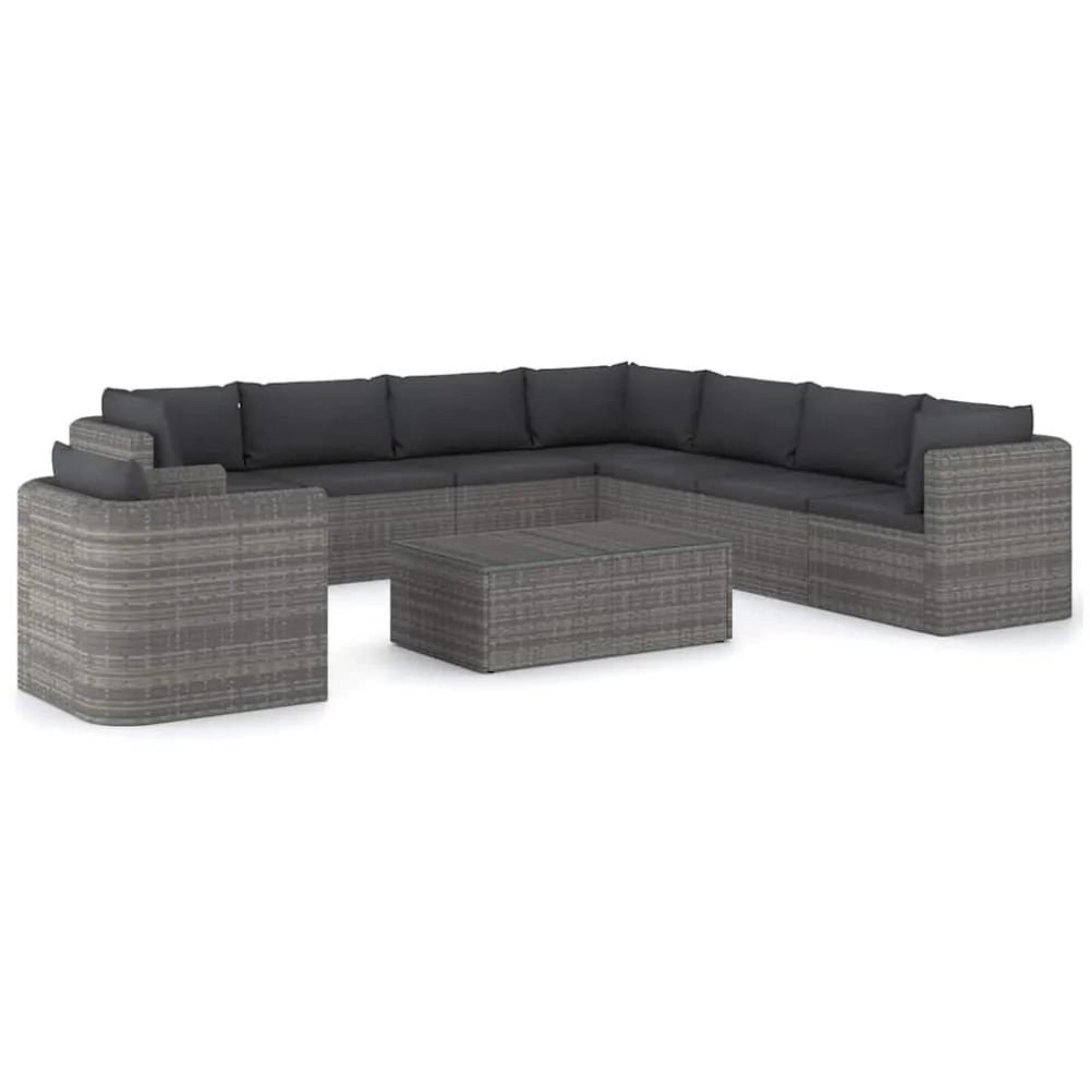 9 pcs conjunto lounge de jardim com almofadões vime PE cinzento com Estrutura em Alumínio