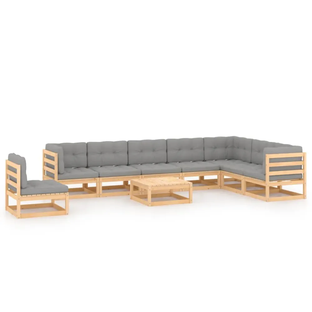 9 pcs conjunto lounge de jardim com almofadões pinho maciço com Revestimento em Textilene