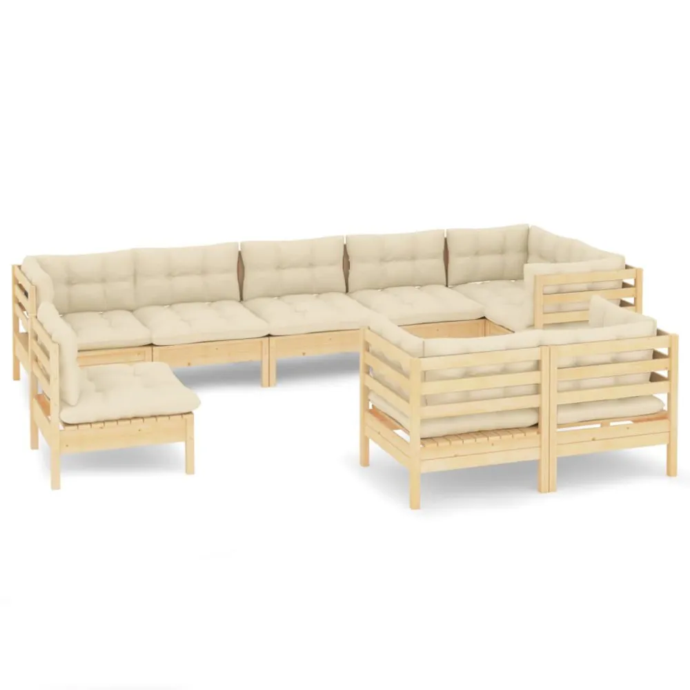9 pcs conjunto lounge jardim com almofadões creme pinho maciço para Relaxamento ao Ar Livre