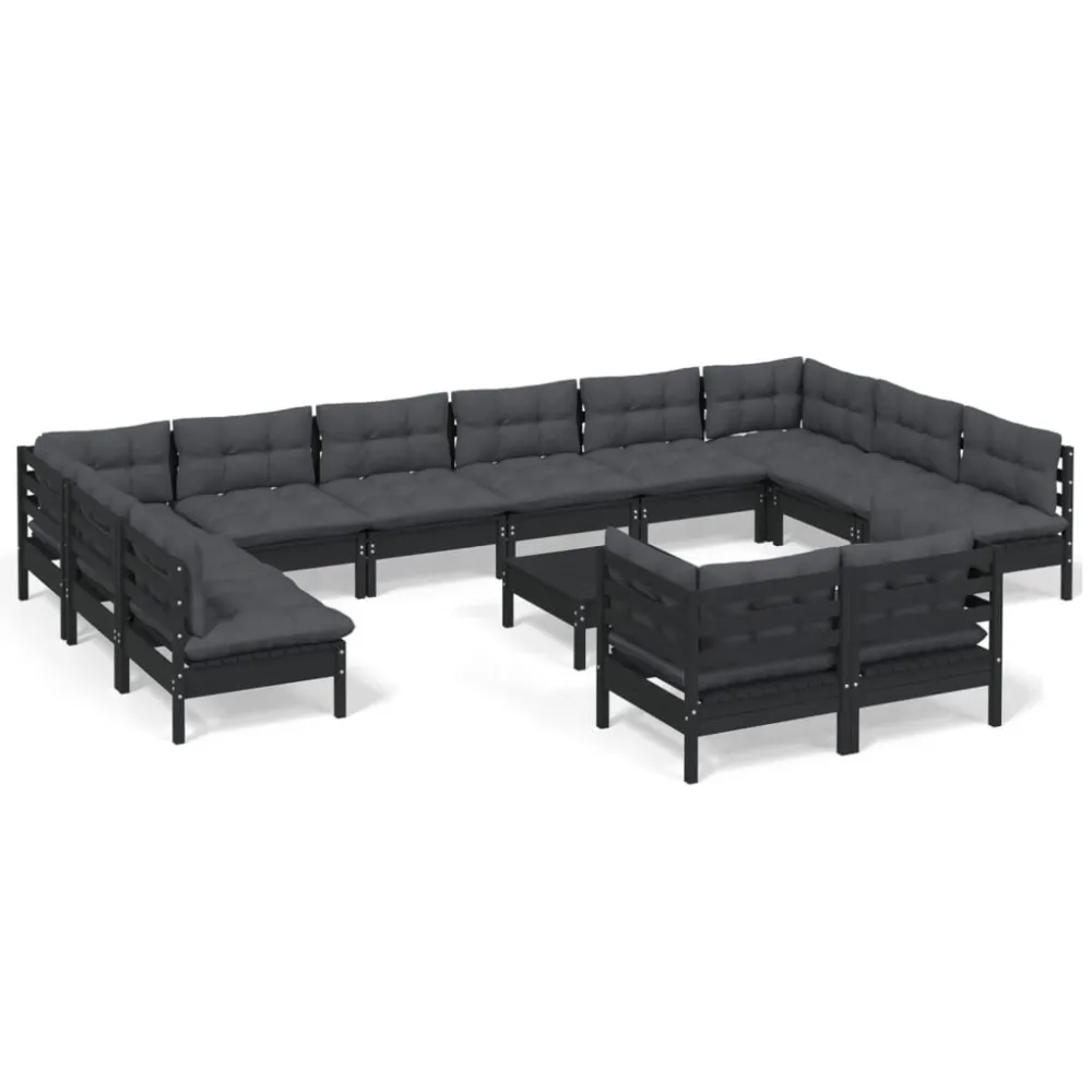 13 pcs conjunto lounge de jardim com almofadões pinho preto Fácil de Guardar