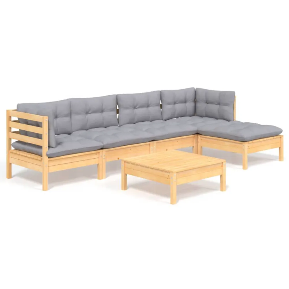 6 pcs conjunto lounge de jardim com almofadões cinza pinho com Almofada Inclusa