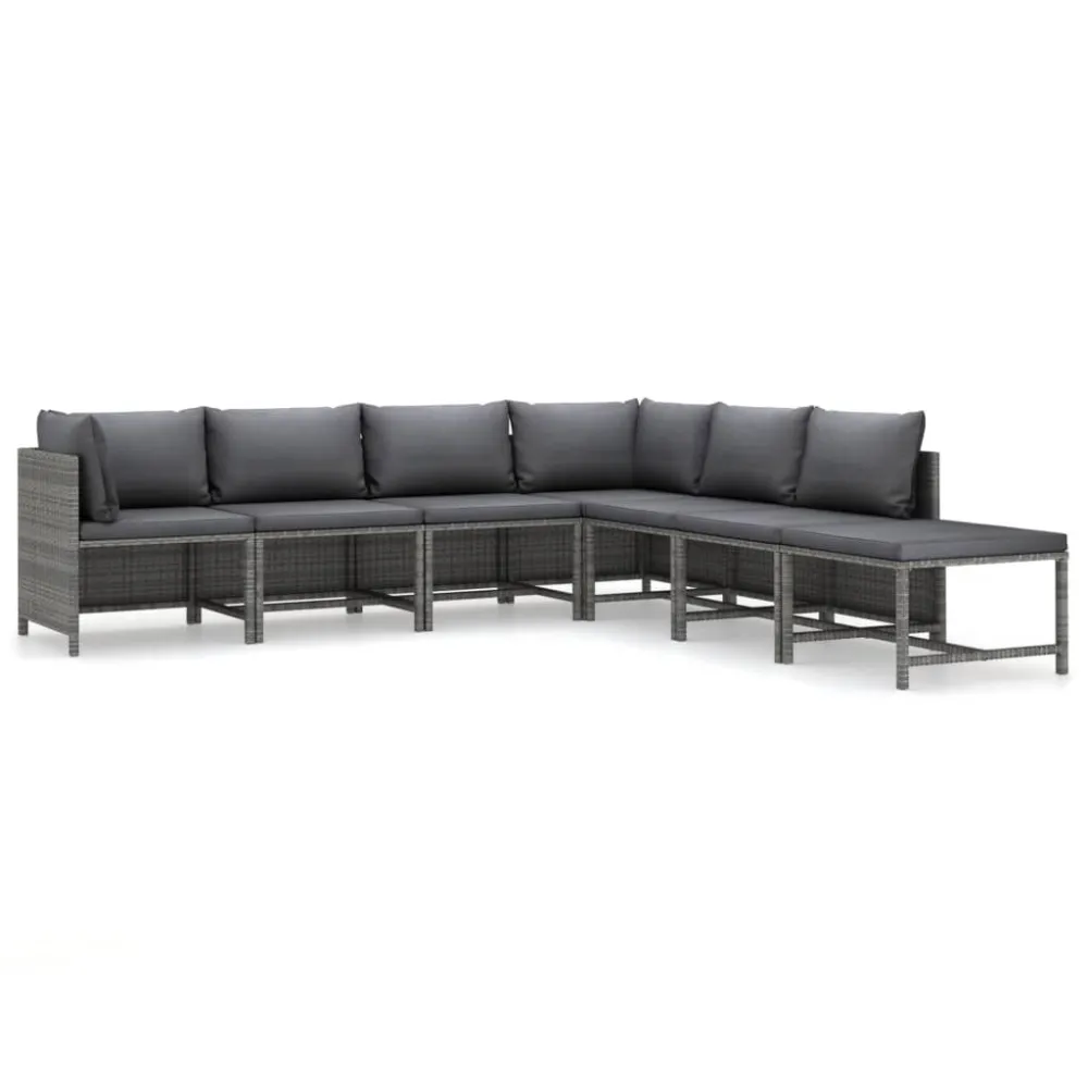 7 pcs conjunto lounge de jardim com almofadões vime PE cinzento com Almofada Inclusa