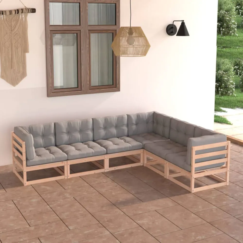 6 pcs conjunto lounge de jardim com almofadões pinho maciço com Tecido Impermeável UV