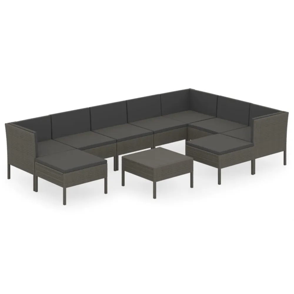 10 pcs conjunto lounge de jardim com almofadões vime PE cinzento em Tecido Sunbrella