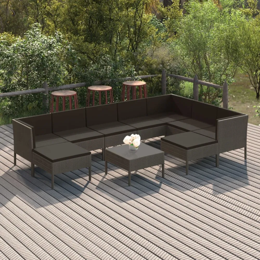 10 pcs conjunto lounge de jardim com almofadões vime PE cinzento em Tecido Sunbrella