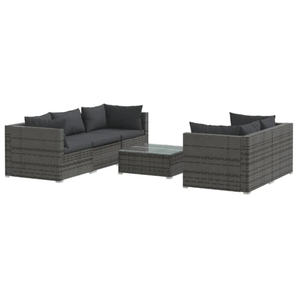 6 pcs conjunto lounge de jardim com almofadões vime PE cinzento com Almofada Inclusa
