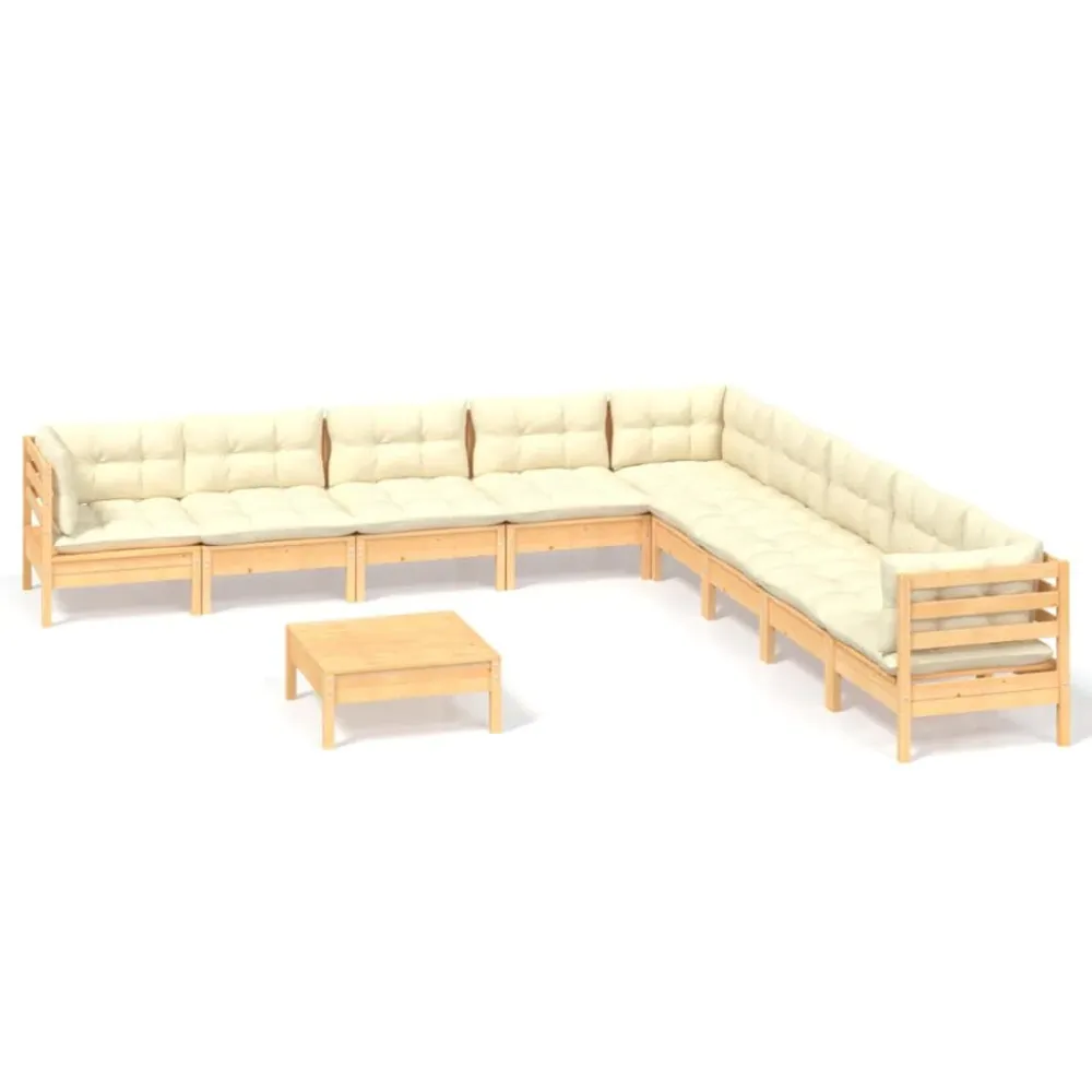 10 pcs conjunto lounge jardim com almofadões creme pinho maciço com Almofada Inclusa