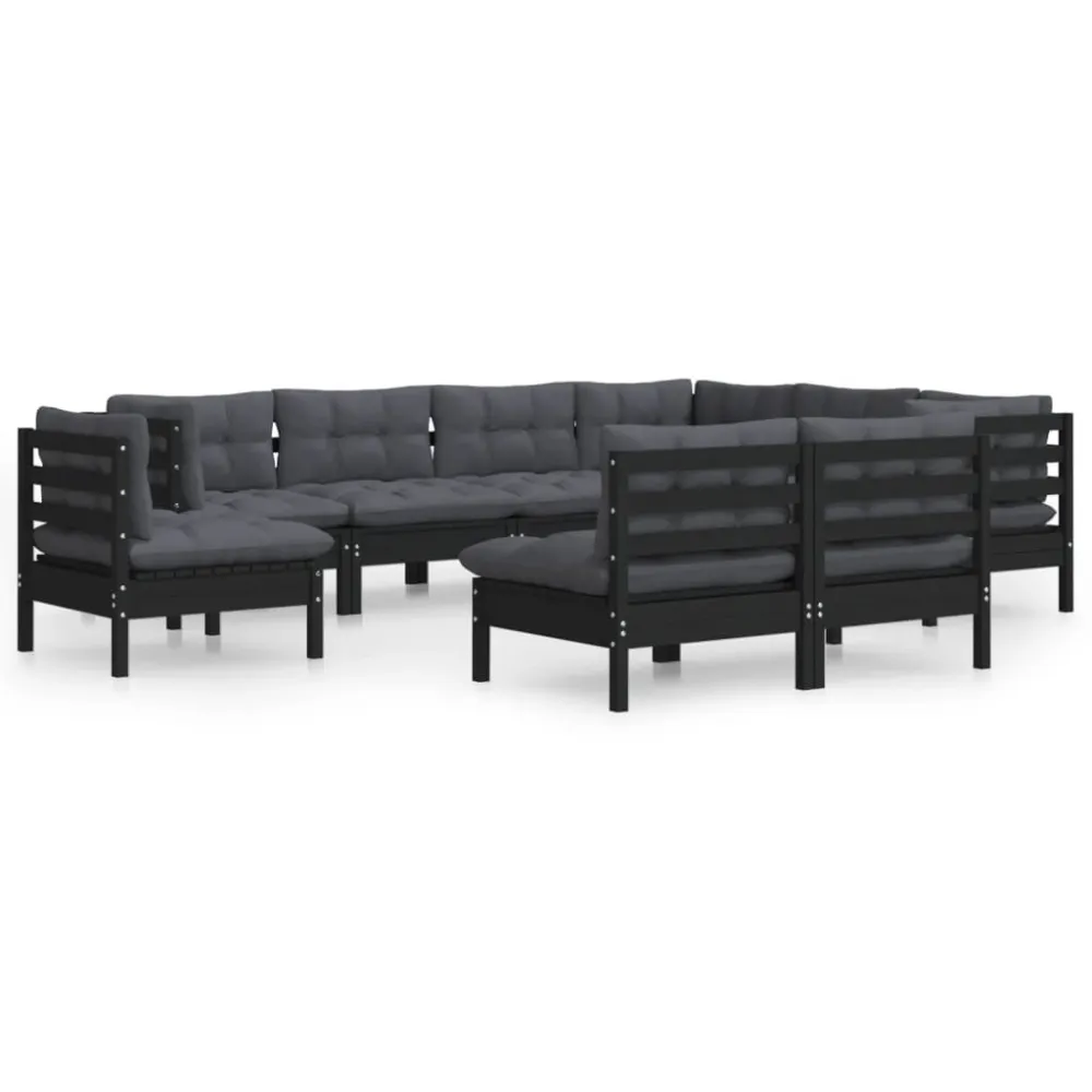 9 pcs conjunto lounge jardim com almofadões pinho maciço preto | Montagem Fácil e Rápida