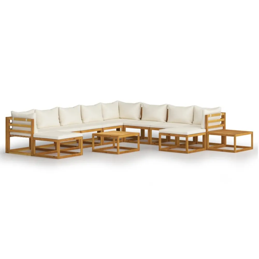 12 pcs conjunto lounge jardim com almofadões acácia maciç creme para Piscina e Jardim