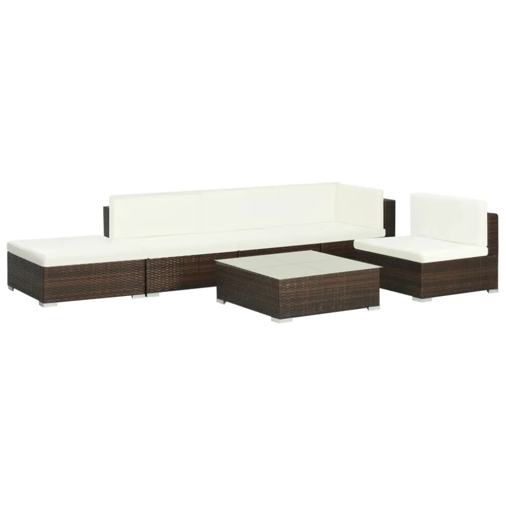 6 pcs conjunto lounge jardim com almofadões vime PE castanho para Piscina e Jardim