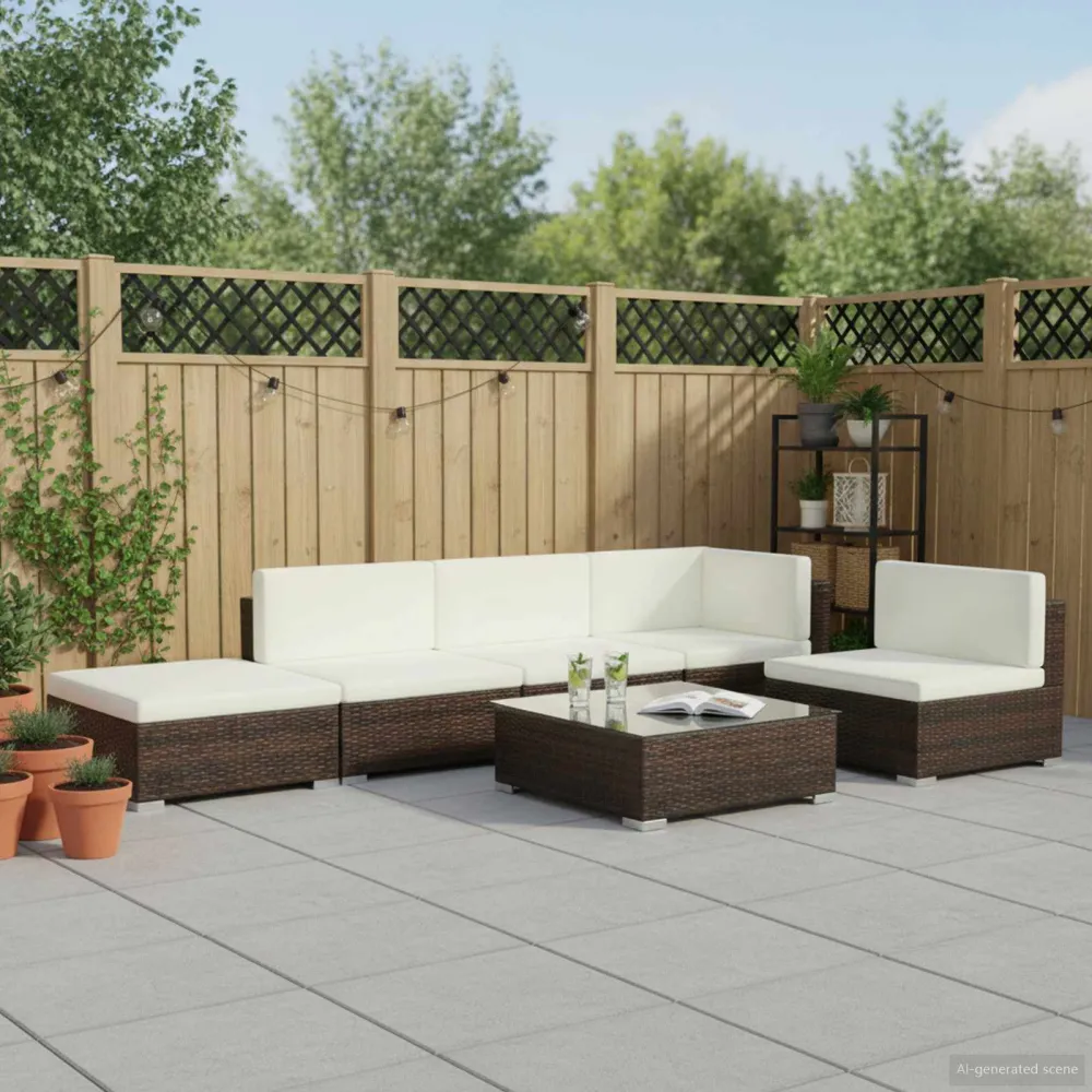 6 pcs conjunto lounge jardim com almofadões vime PE castanho para Piscina e Jardim