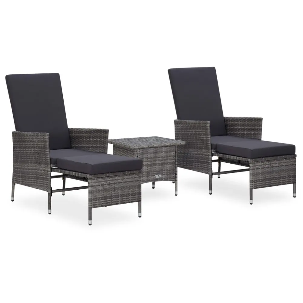 3 pcs conjunto lounge de jardim com almofadões vime PE cinzento para Piscina e Jardim
