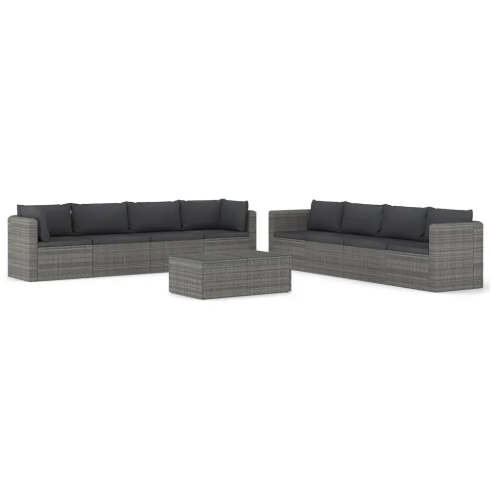 9 pcs conjunto lounge de jardim com almofadões vime PE cinzento | Resistente à Chuva | Confortável