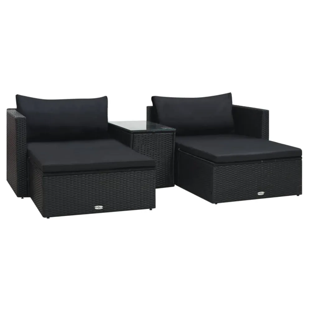 5 pcs conjunto lounge de jardim com almofadões vime PE preto Dobrável e Portátil