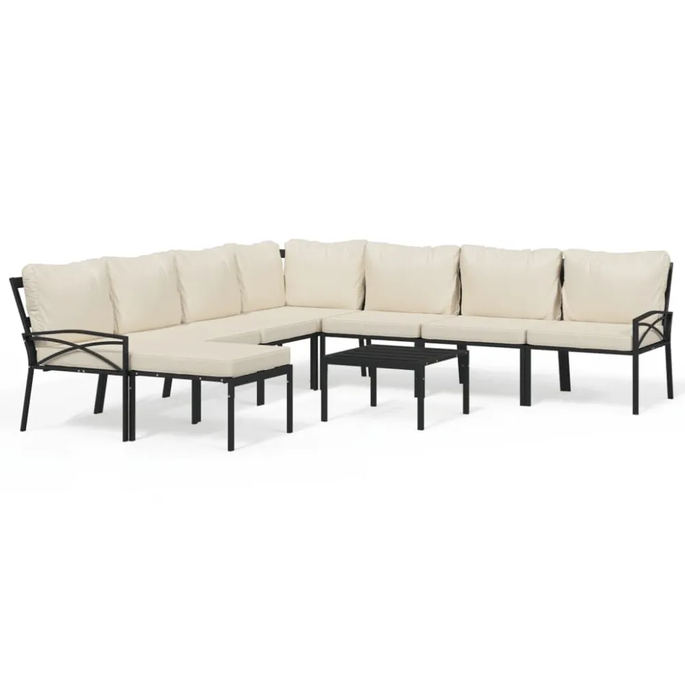 9 pcs conjunto lounge de jardim ço com almofadões areia com Apoio para Bebidas