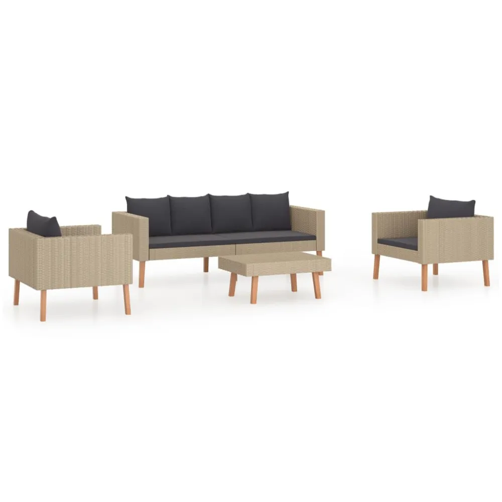4 pcs conjunto lounge de jardim com almofadões vime PE bege com Almofada Inclusa