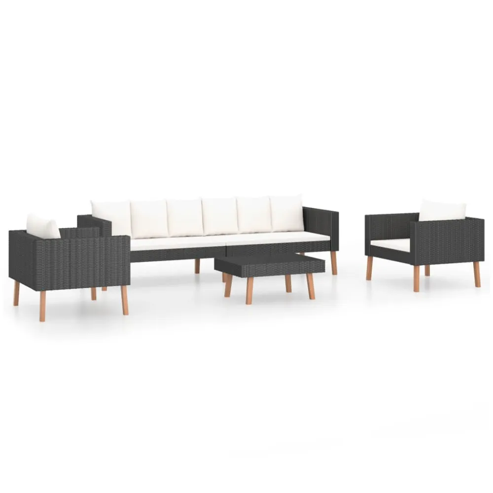 4 pcs conjunto lounge de jardim com almofadões vime PE preto | Montagem Fácil e Rápida
