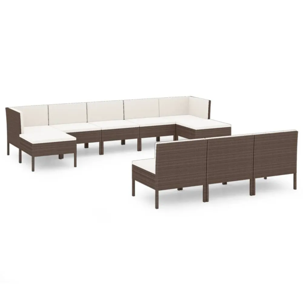 10 pcs conjunto lounge jardim com almofadões vime PE castanho em Tecido Sunbrella