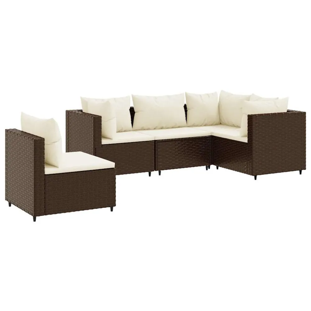 5 pcs conjunto lounge jardim com almofadões vime PE castanho com Almofada Inclusa