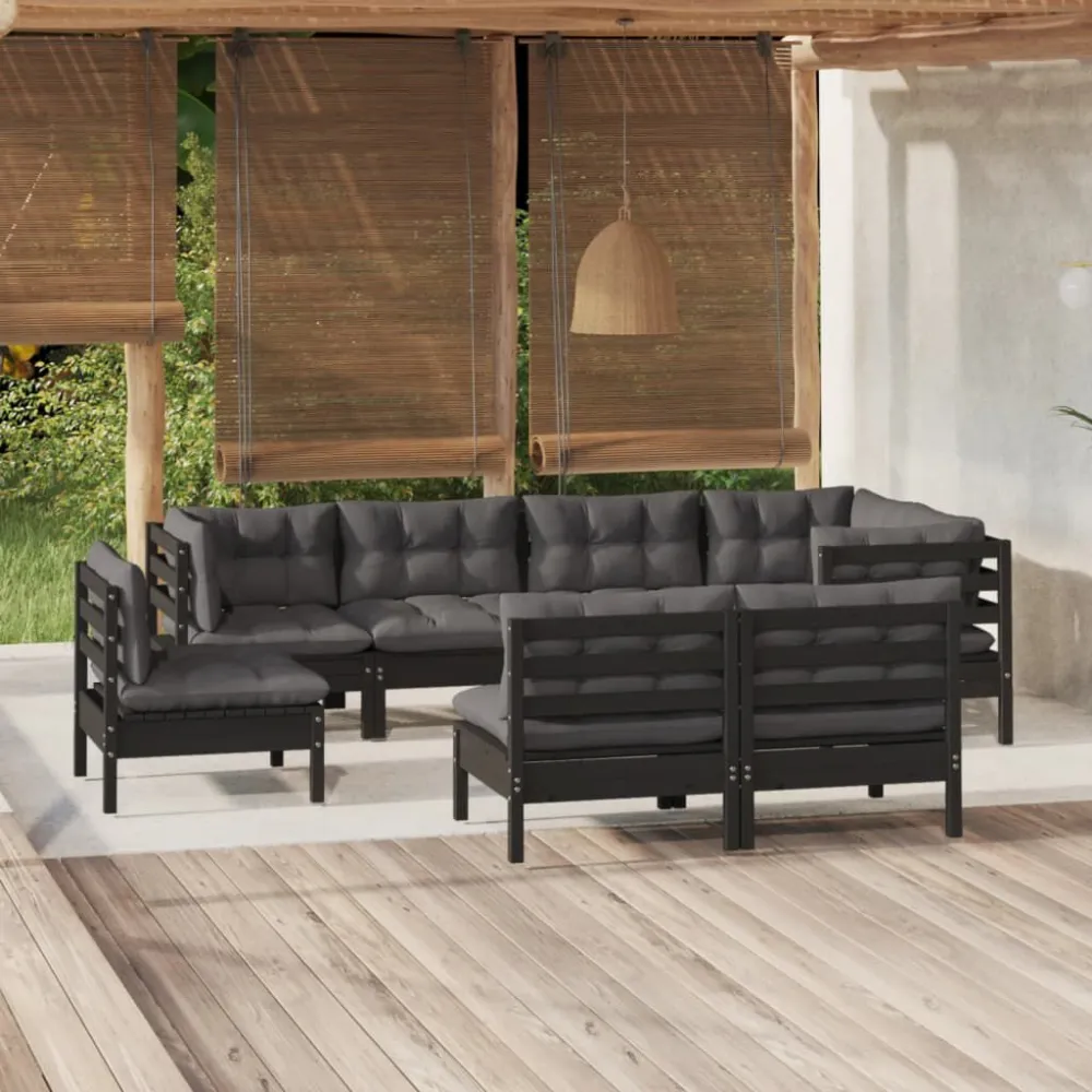 8 pcs conjunto lounge jardim com almofadões pinho maciço preto com Almofada Inclusa