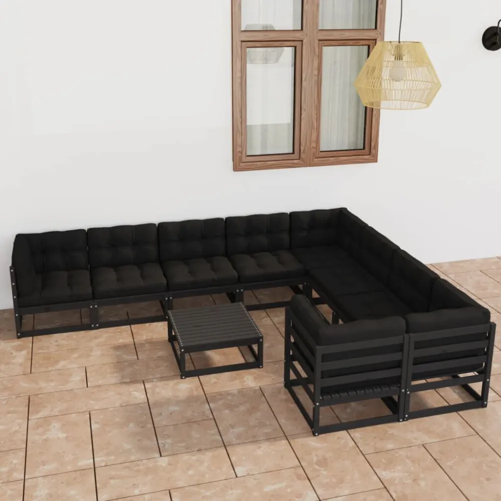 10 pcs conjunto lounge jardim com almofadões pinho maciço preto Fácil de Guardar